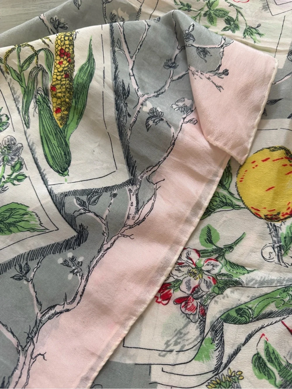 Longchamp silk scarf, “Laurel In The Vegetable Garden